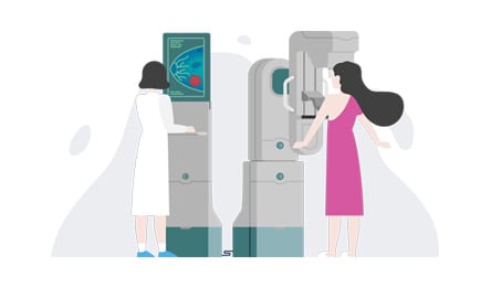 Graphic of doctor scanning female breast